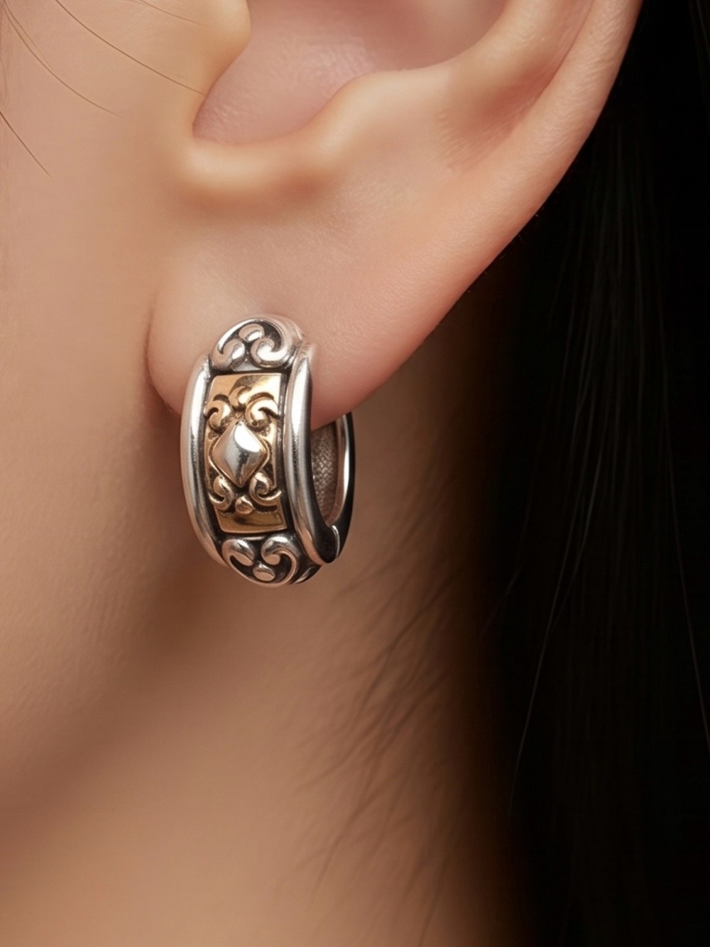 Brighton Two-Tone Scroll Hoop Earrings - Silver & Gold Accent